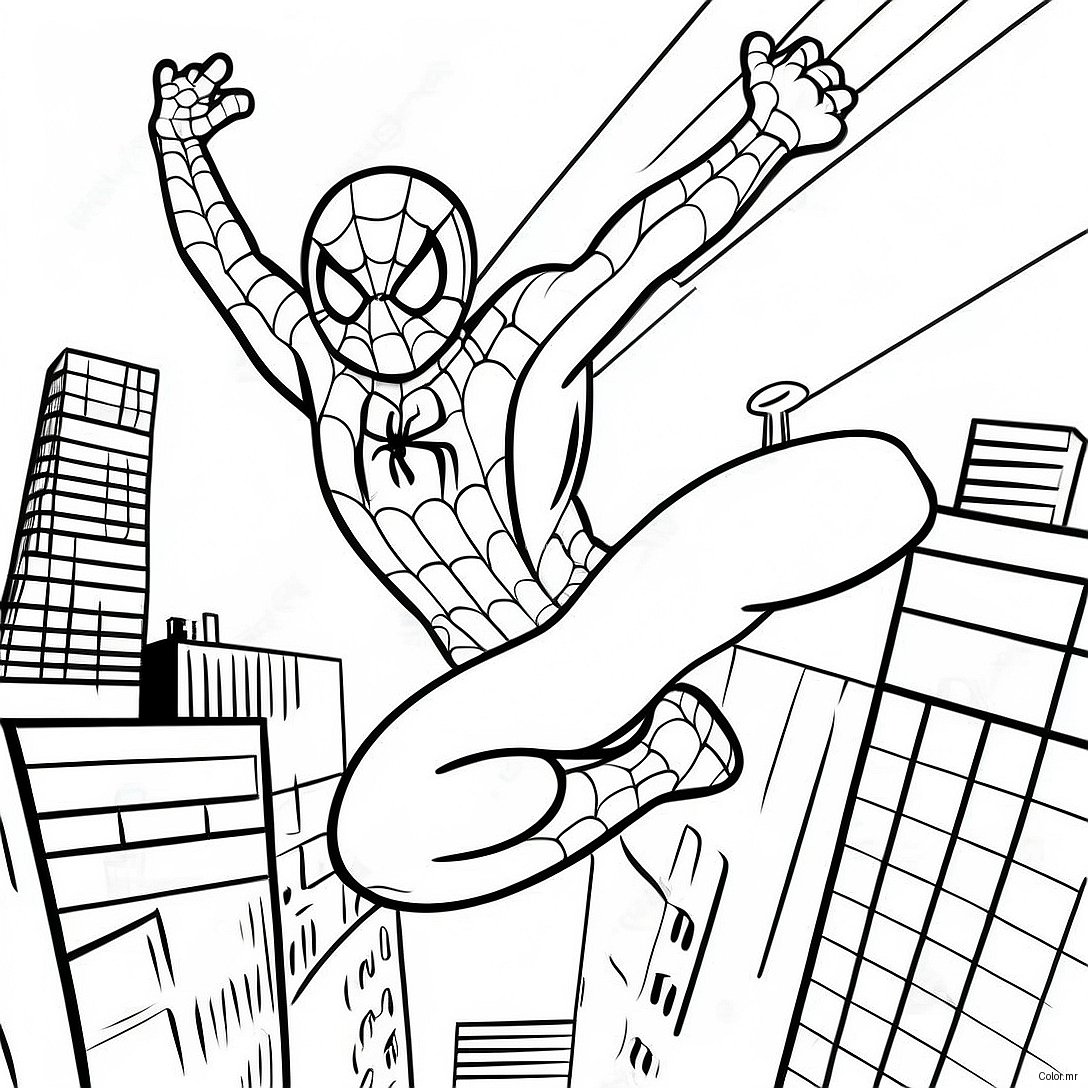 Adorable Spiderman Swinging Through The City Coloring Page 9287 7588