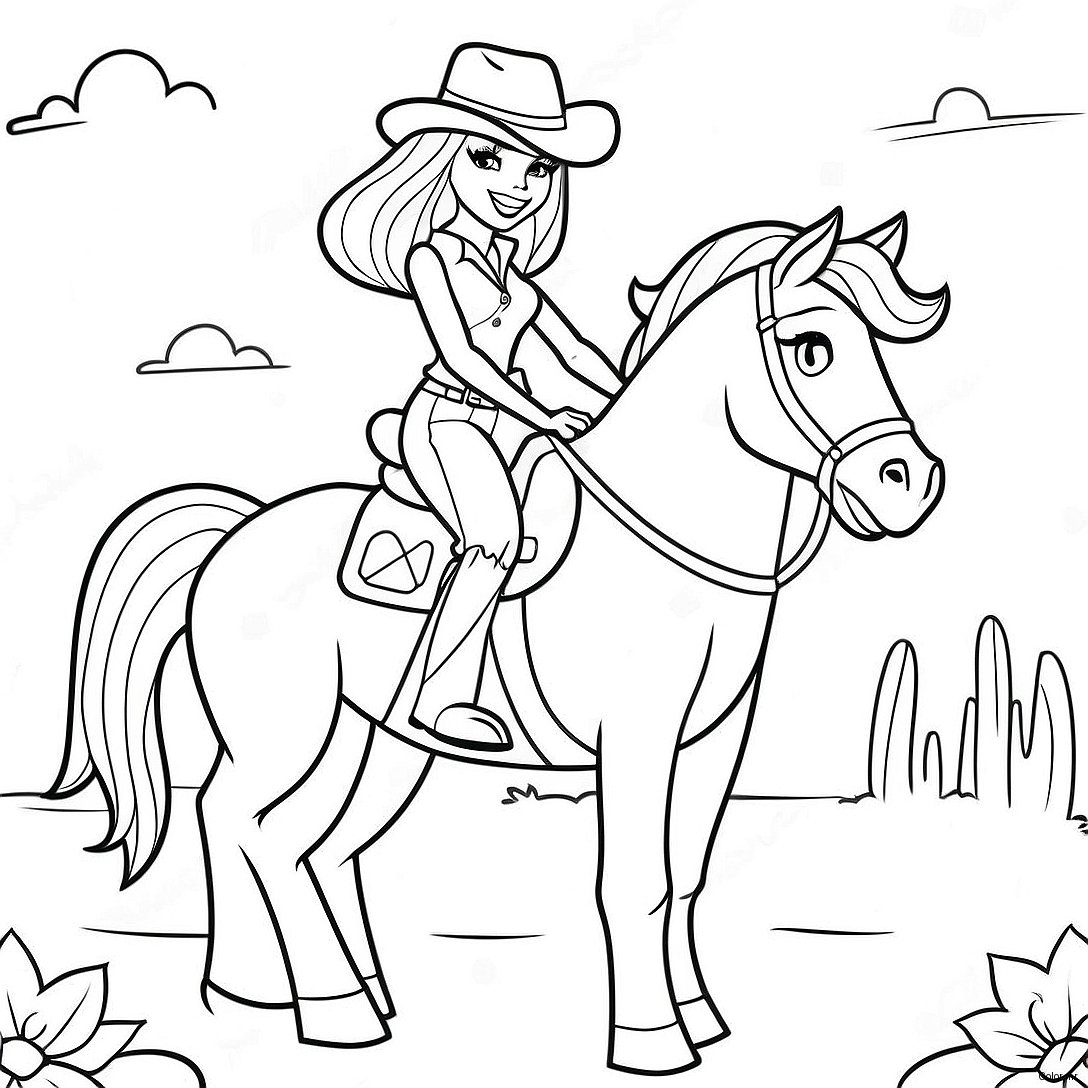 Adventurous Cowgirl Barbie Riding A Horse Coloring Page 45634 37897