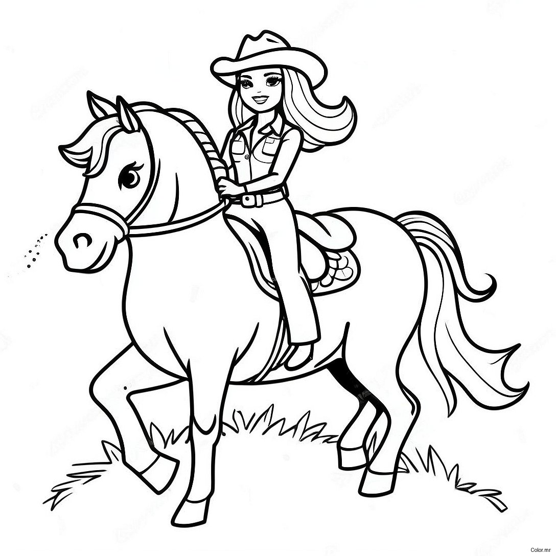 Adventurous Cowgirl Barbie Riding A Horse Coloring Page 45634 37898