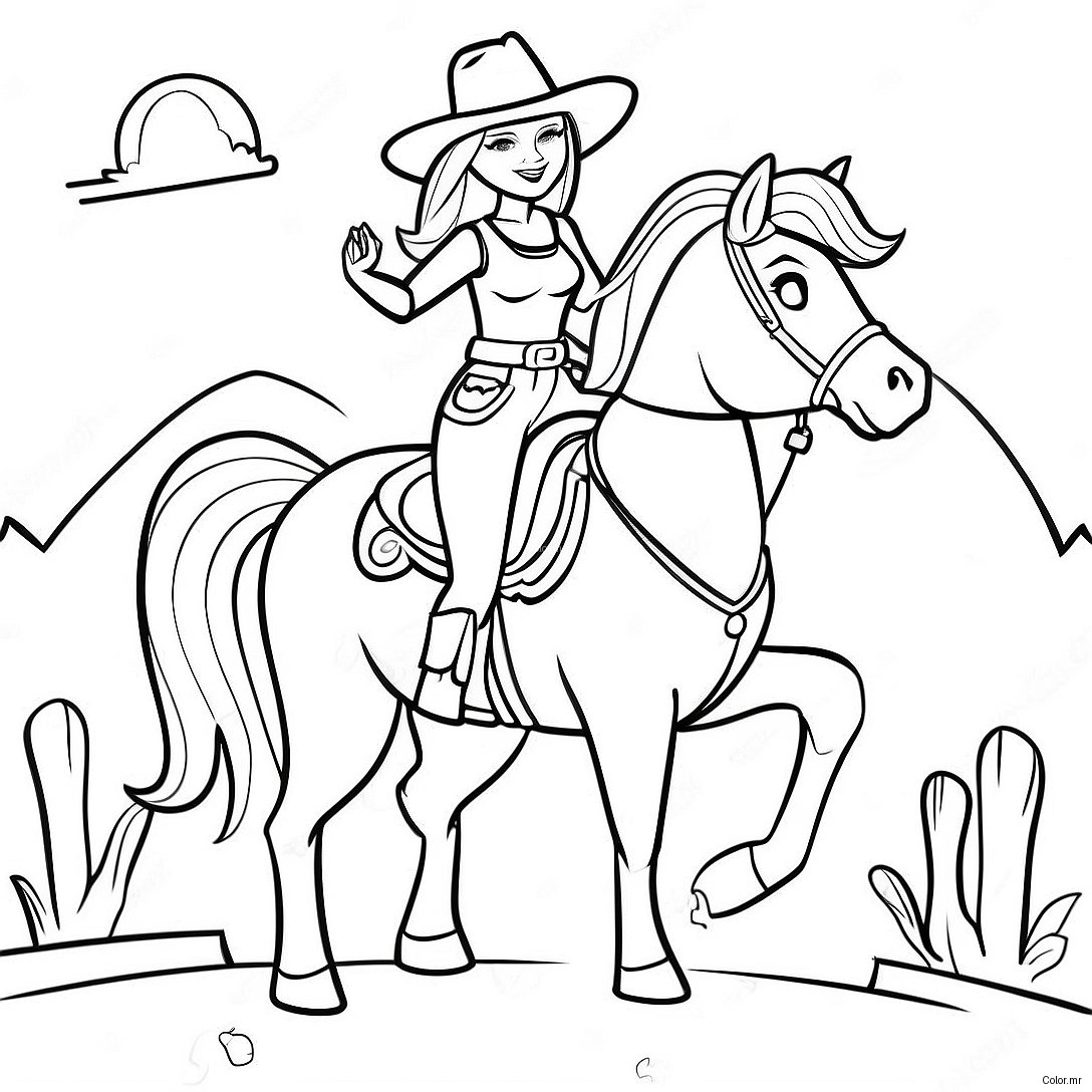 Adventurous Cowgirl Barbie Riding A Horse Coloring Page 45634 37900