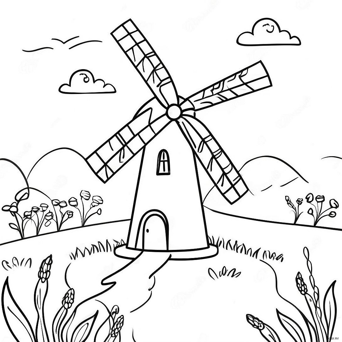 Charming Windmill In A Meadow Coloring Page 41029 33976