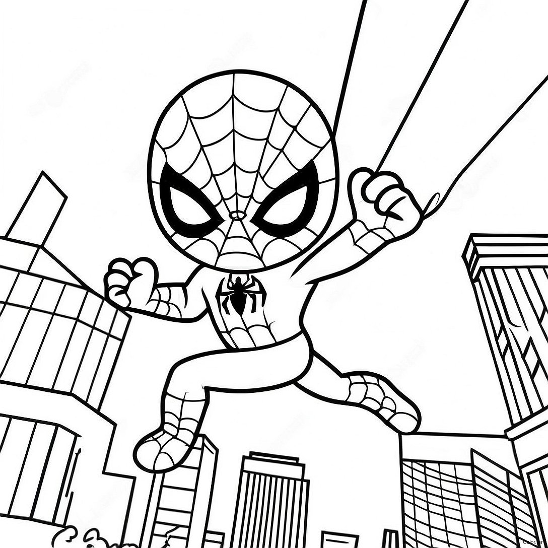 Chibi Spiderman Swinging Through City Coloring Page 37997 31605