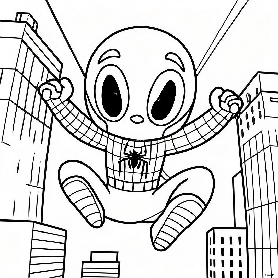 Chibi Spiderman Swinging Through City Coloring Page 37997 31606