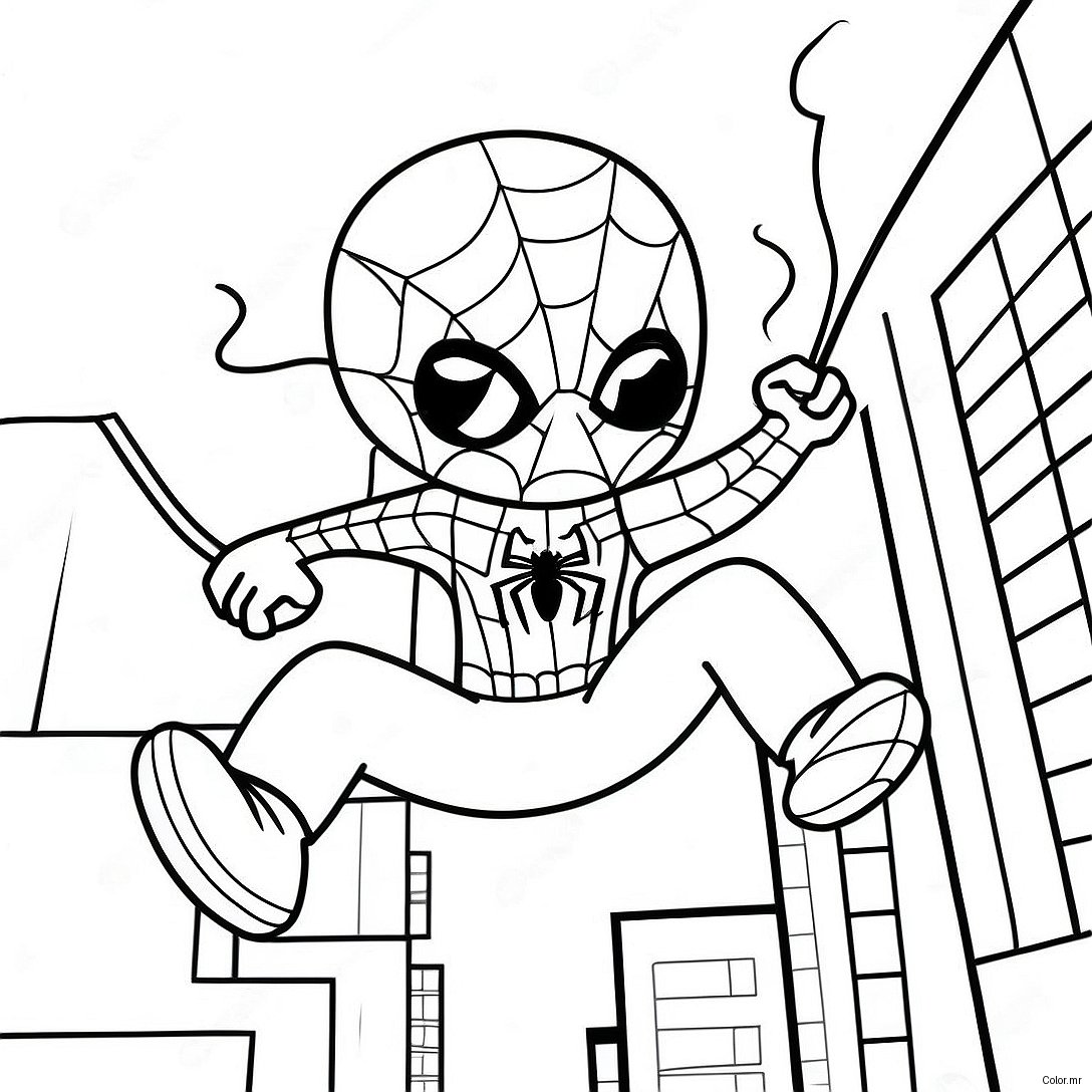Chibi Spiderman Swinging Through City Coloring Page 37997 31607
