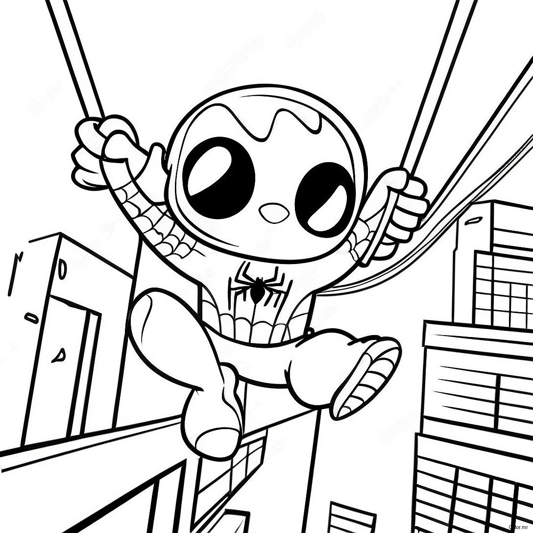 Chibi Spiderman Swinging Through City Coloring Page 37997 31608
