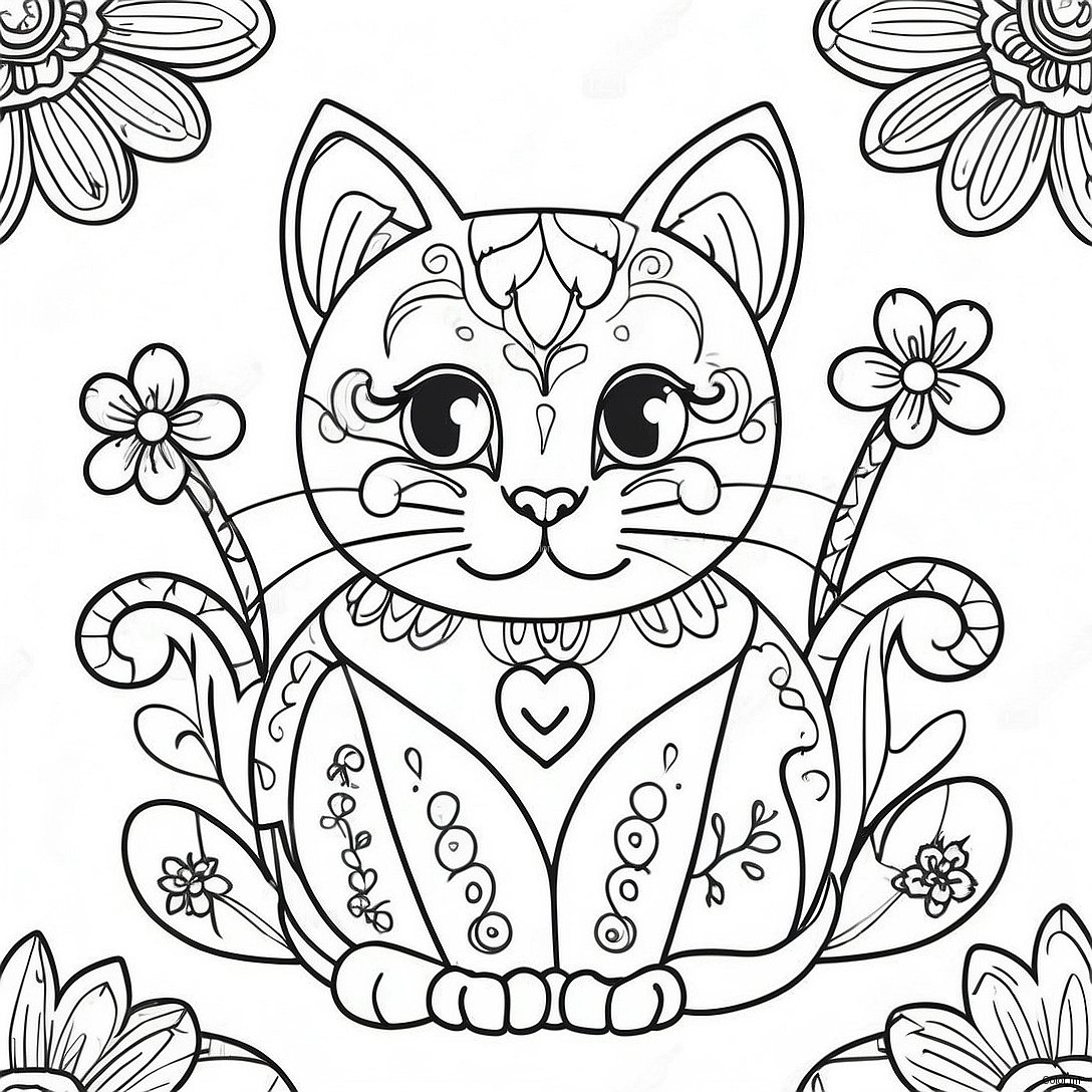 Colorful Sugar Skull Cat With Flowers Coloring Page 56822 47223