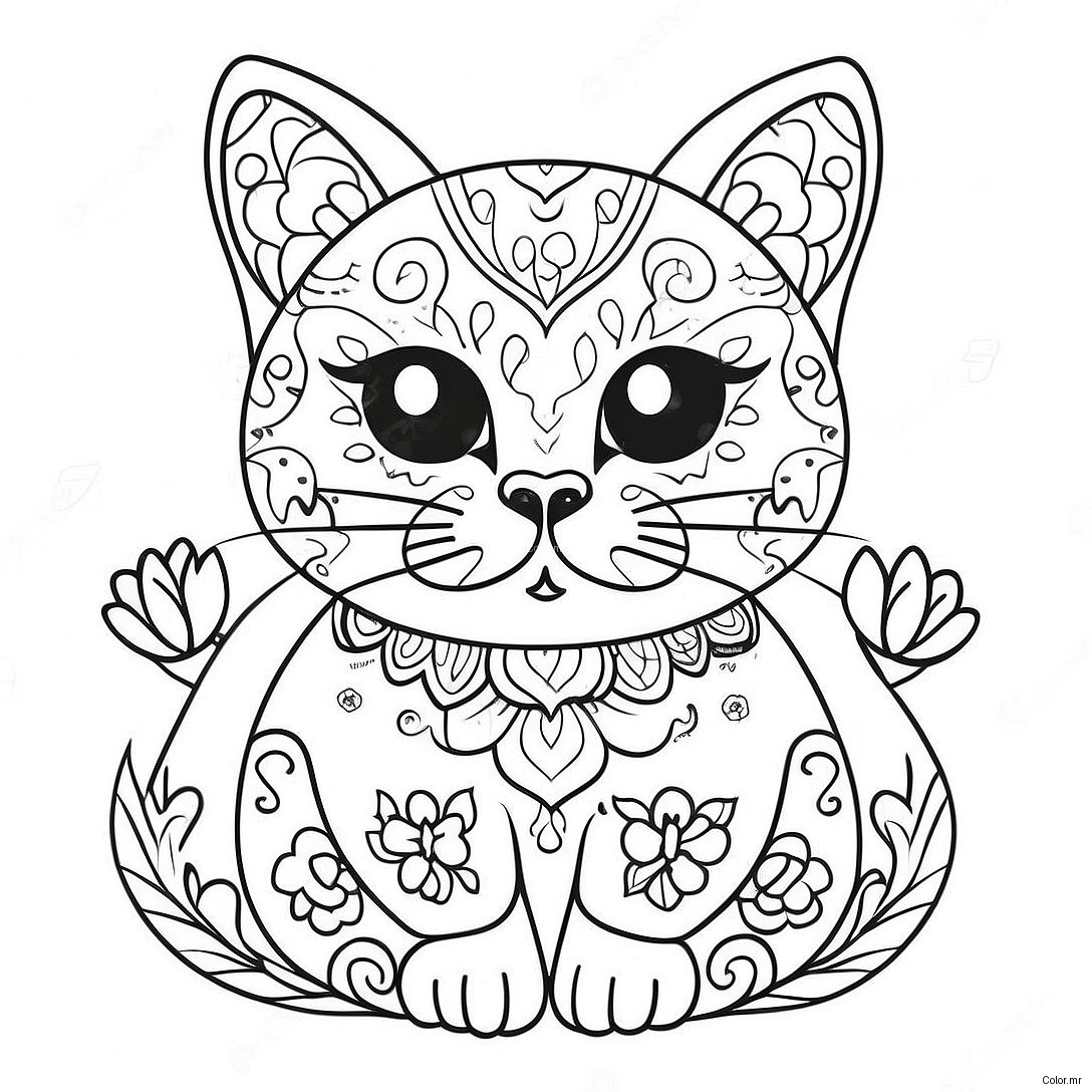 Colorful Sugar Skull Cat With Flowers Coloring Page 56822 47224