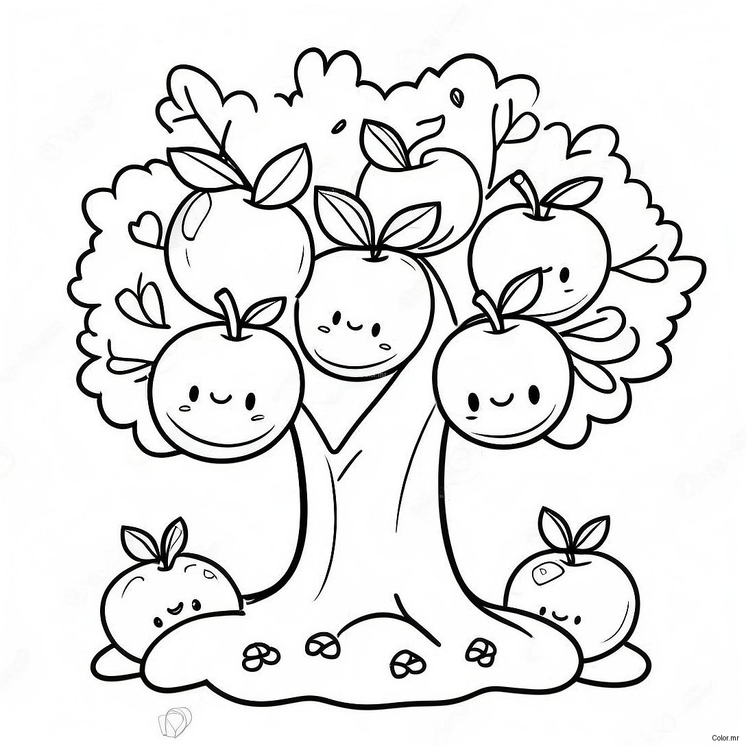 Cute Apple Tree With Smiling Apples Coloring Page 25206 23058