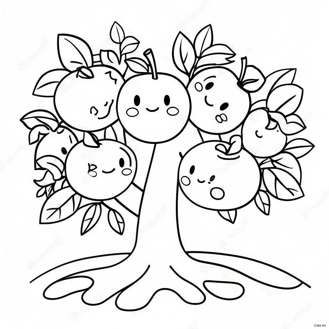 Cute Apple Tree With Smiling Apples Coloring Page 25206 23059