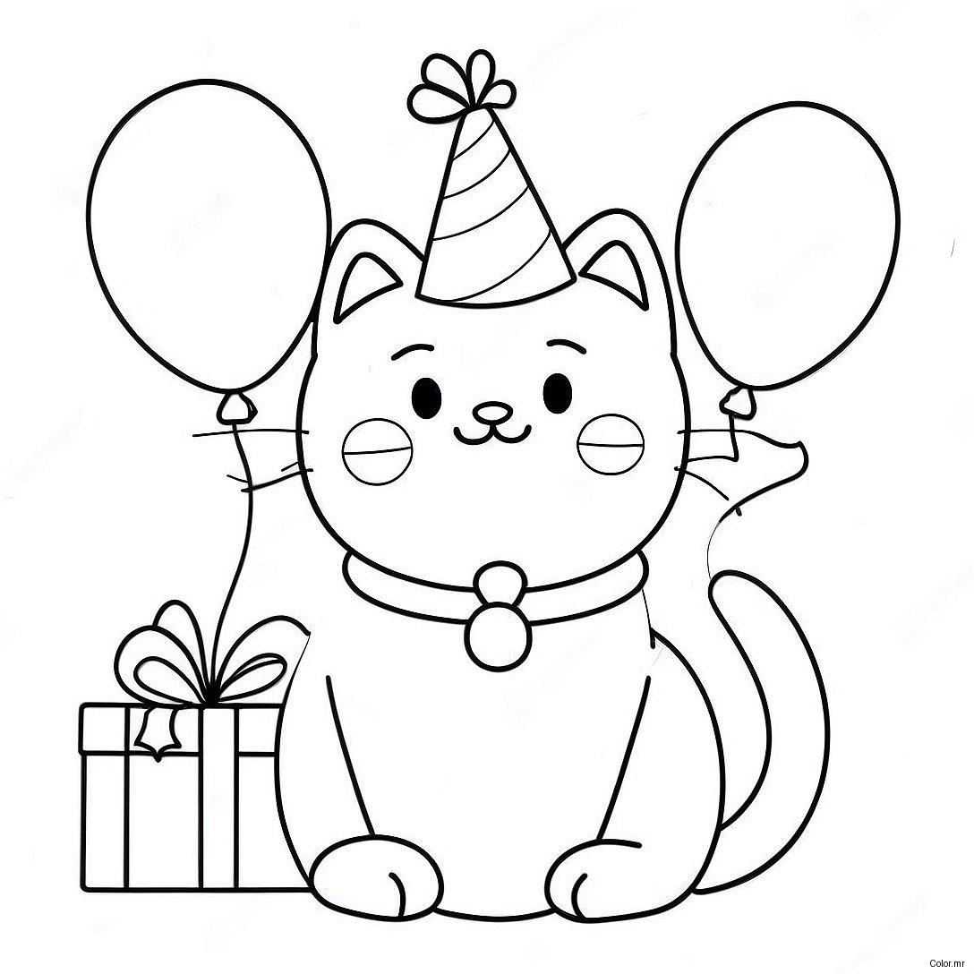 Cute Birthday Cat With Balloons Coloring Page 34553 28781