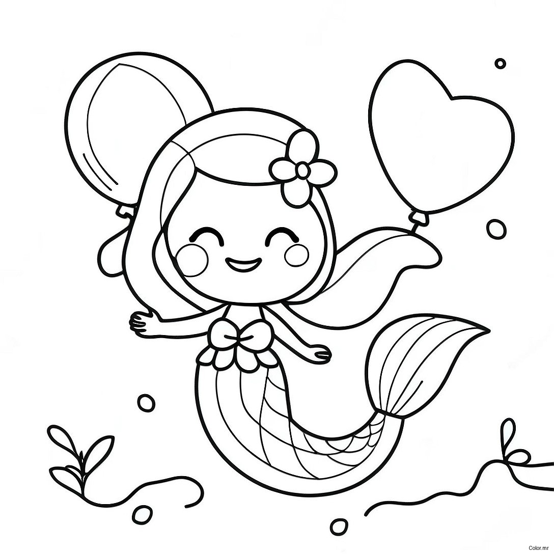 Cute Birthday Mermaid With Balloons Coloring Page 39438 32733