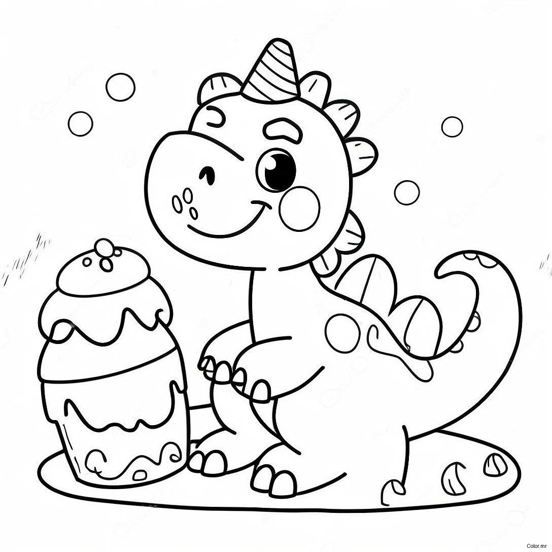 Cute Dinosaur Birthday Cake Coloring Page 26363 24152