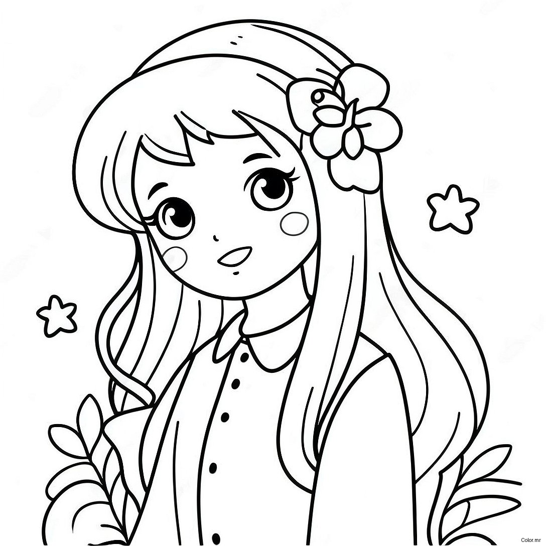 Cute Long Hair Anime Girl With Flowers Coloring Page 22944 21096