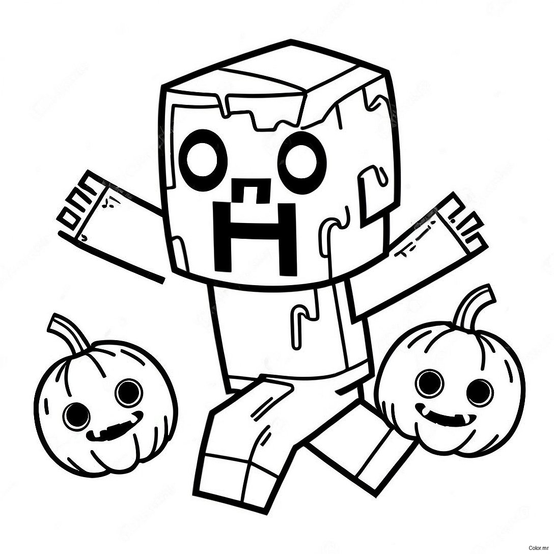 Cute Minecraft Zombie With Pumpkin Coloring Page 27534 25072