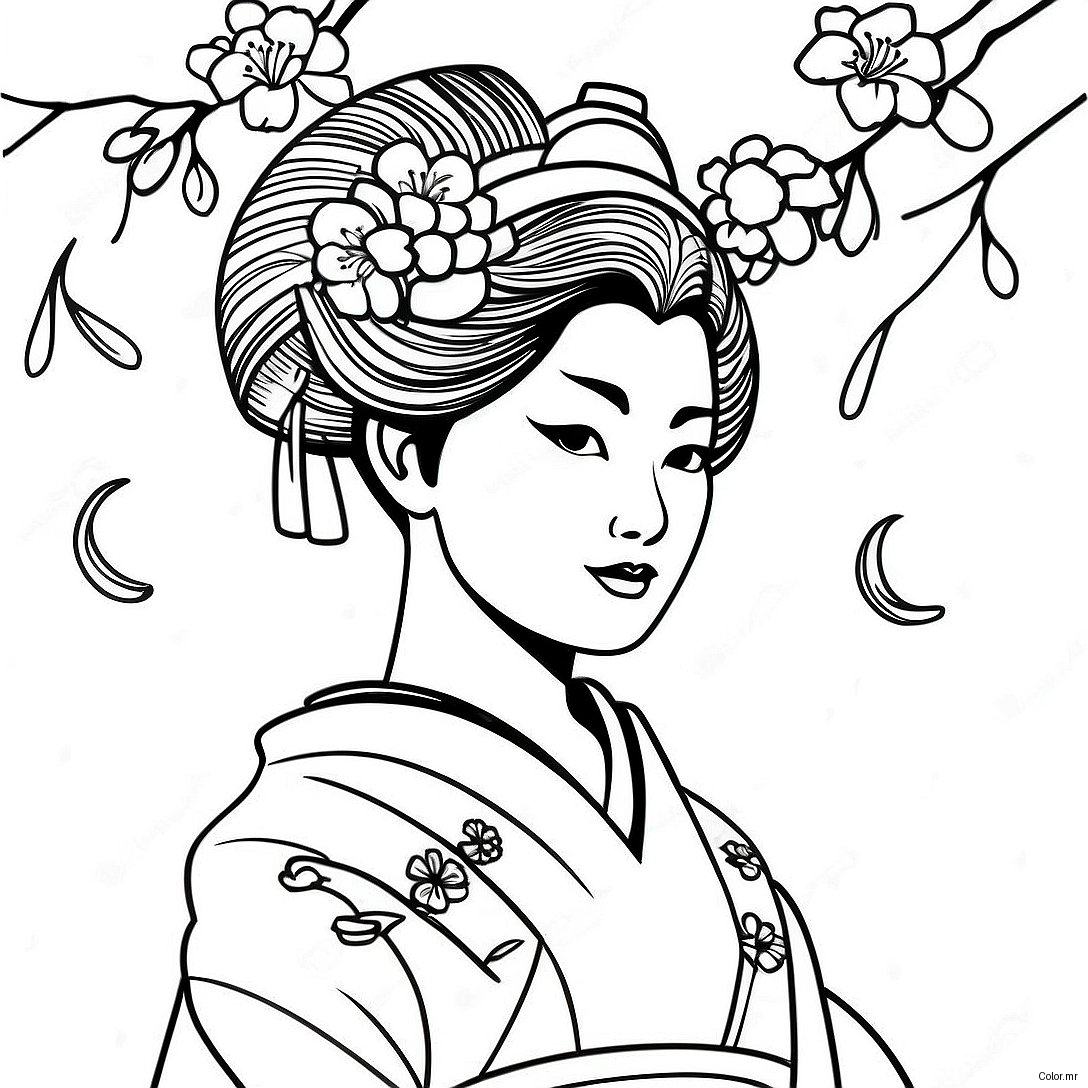 Elegant Geisha With Cherry Blossoms Coloring Page 60847 50462
