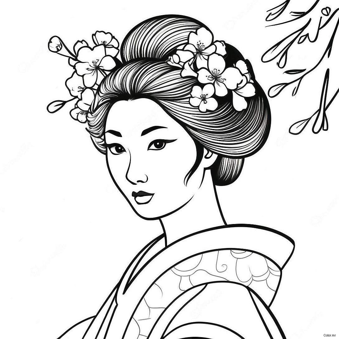 Elegant Geisha With Cherry Blossoms Coloring Page 60847 50463