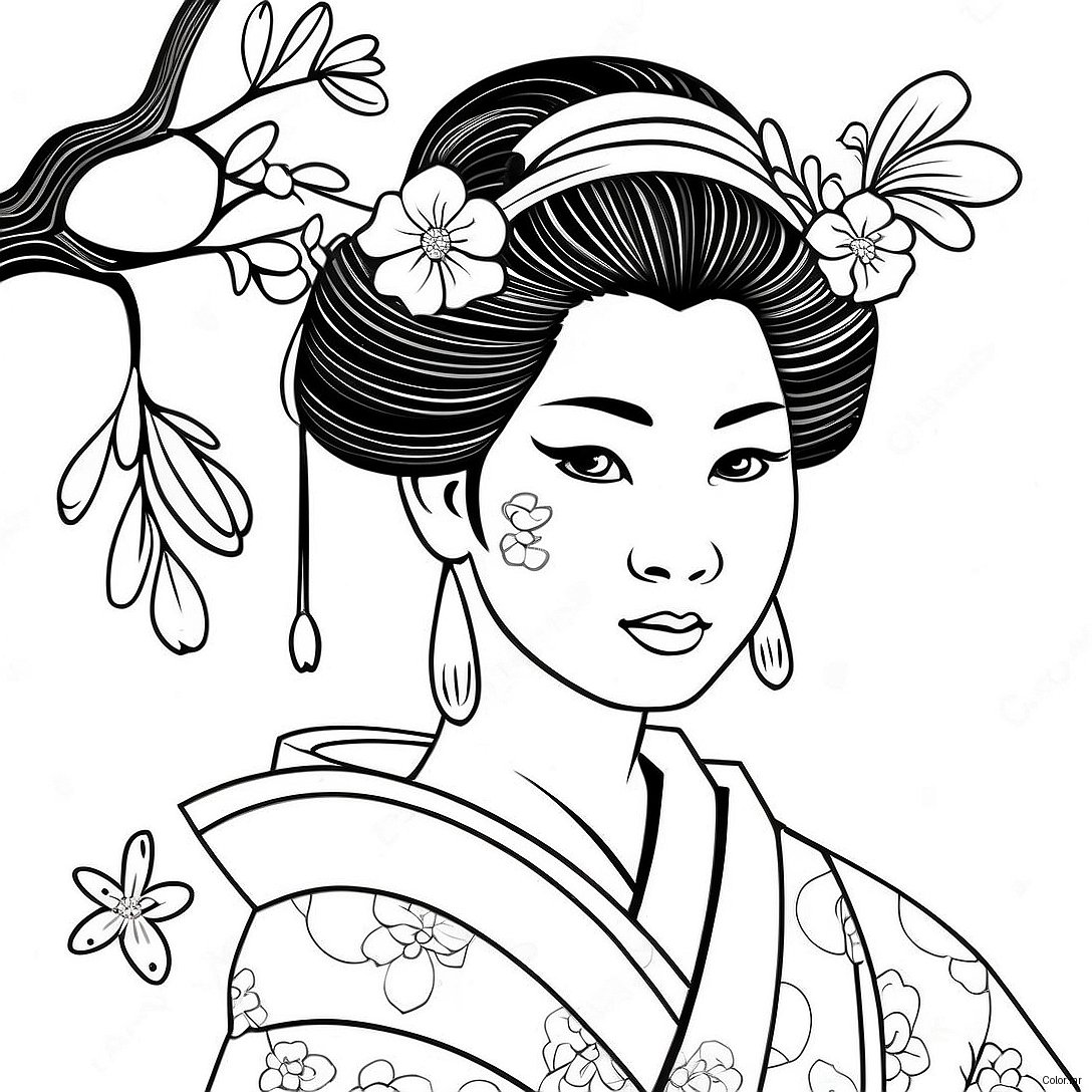 Elegant Geisha With Cherry Blossoms Coloring Page 60847 50464