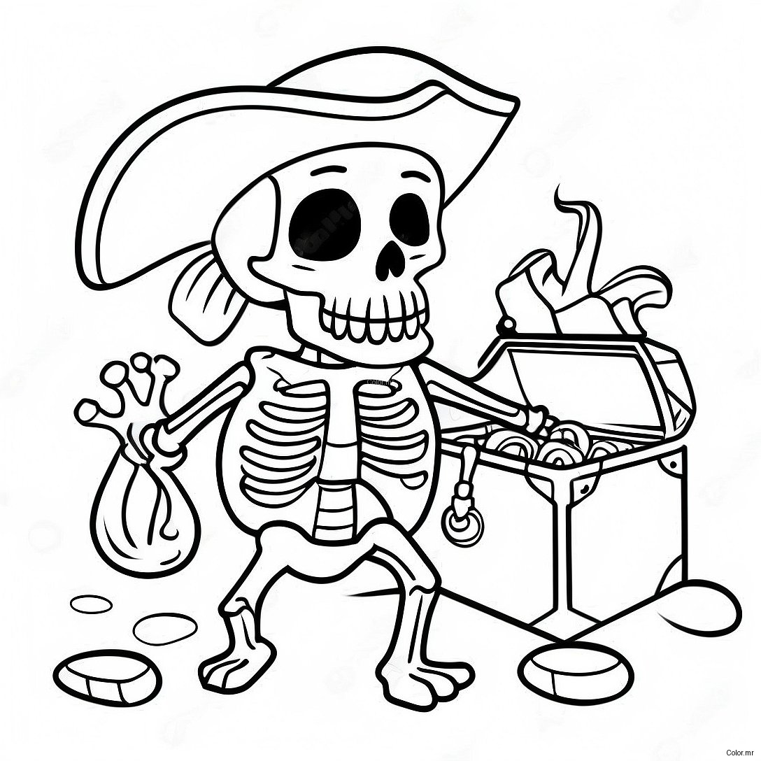 Fearsome Pirate Skeleton With Treasure Coloring Page 44613 37088