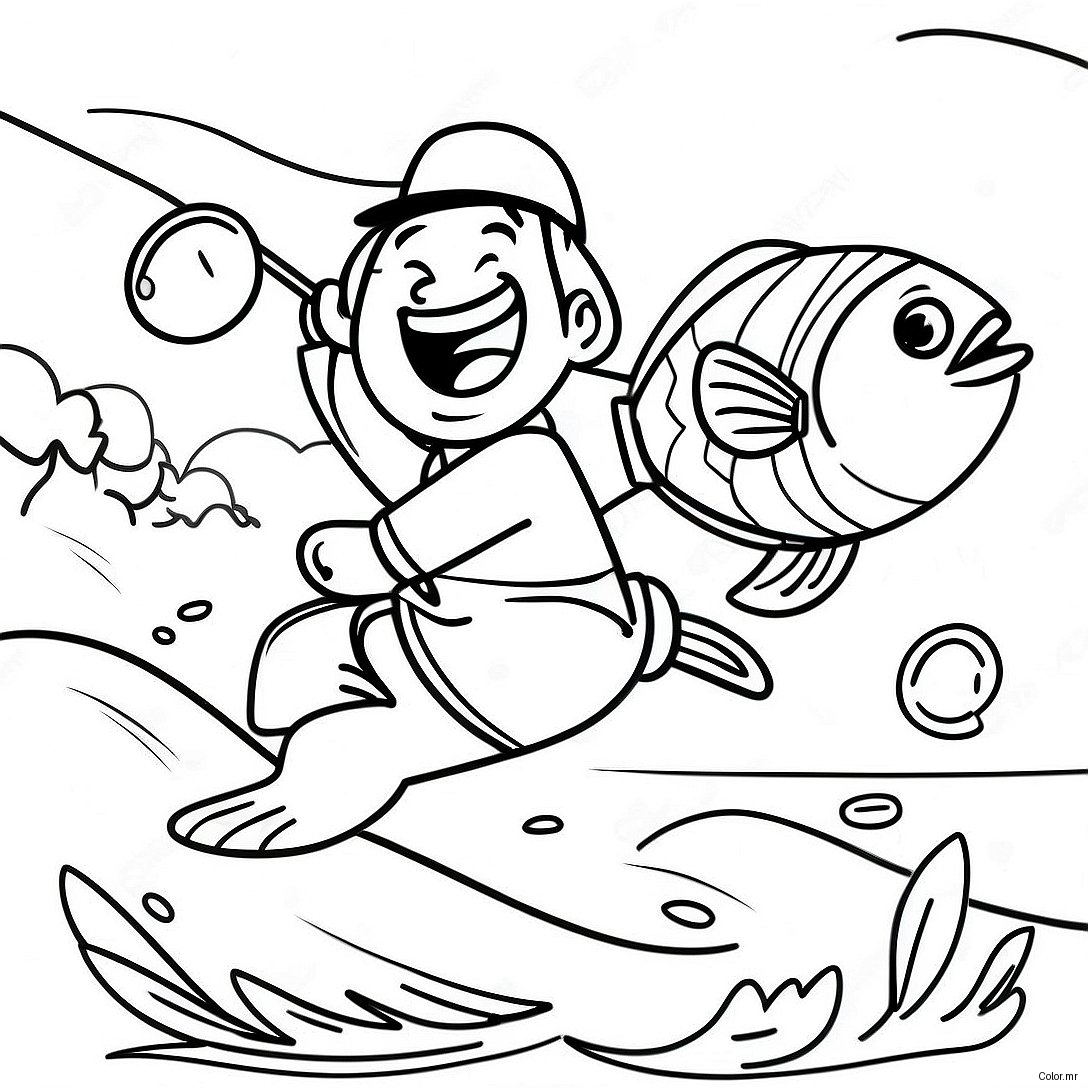 Happy Fisherman Catching A Big Bass Coloring Page 26863 24549