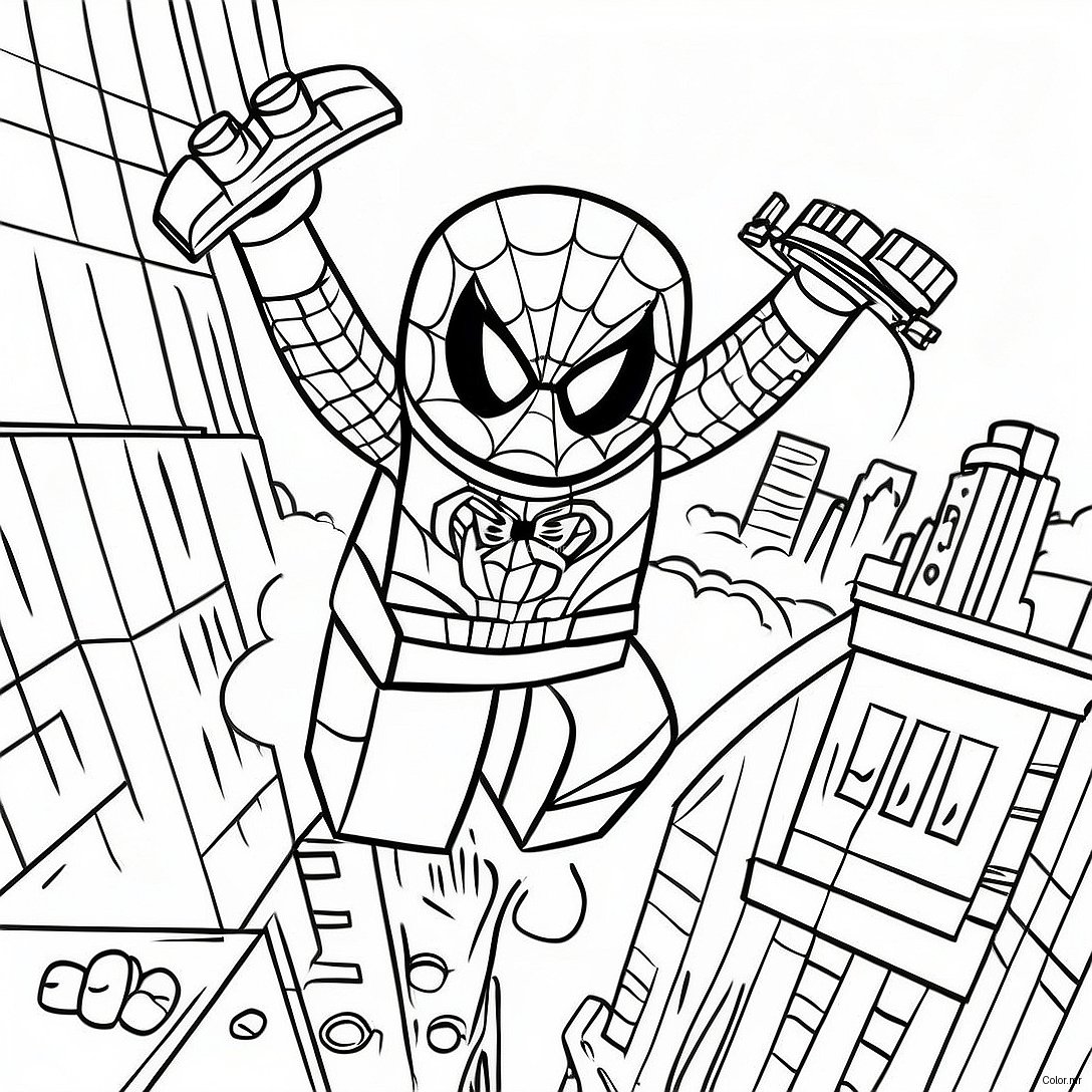 Lego Spiderman Swinging Through City Coloring Page 2362 1933