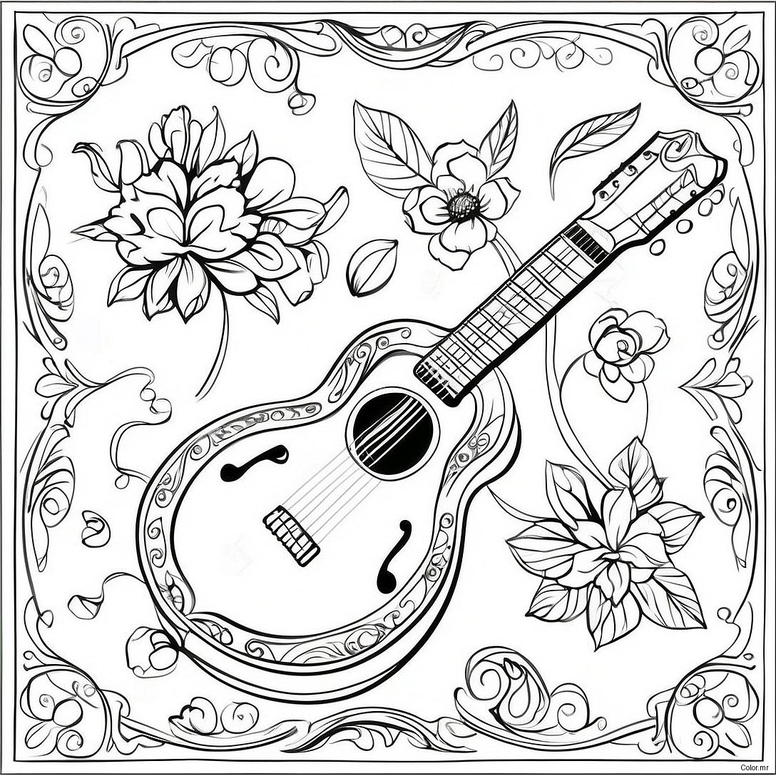 Pagina Da Colorare Del Mandolino Vintage Con Motivi Floreali 33472 17654