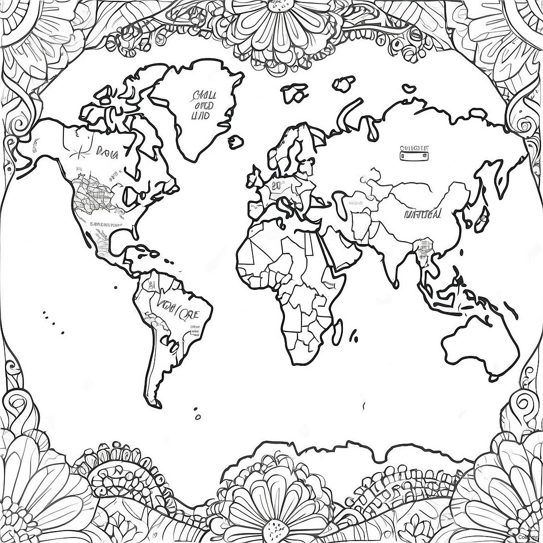 Pagina Da Colorare Della Mappa Del Mondo Dettagliata 9727 7944