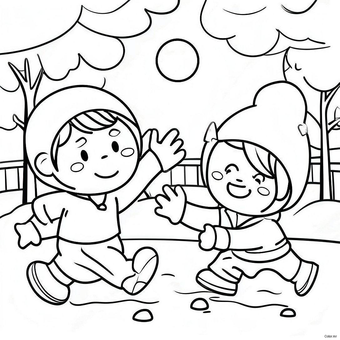Pagina Da Colorare Di Bambini Che Si Divertono A Fare Una Battaglia Di Palle Di Neve 54110 45078