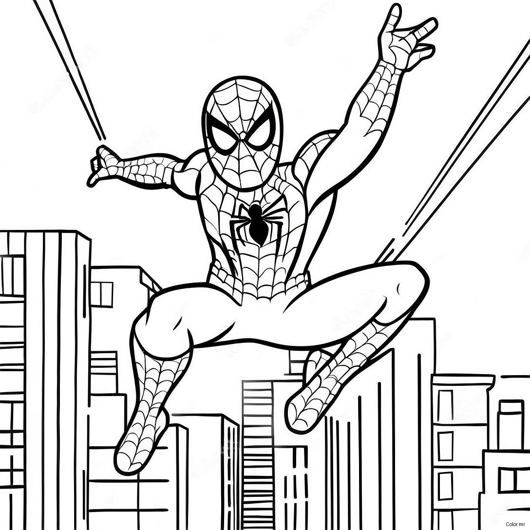 Spider Man Swinging Through City Coloring Page 32702 17043