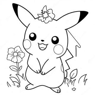 Pagina Da Colorare Di Un Carino Pikachu Con Fiori 28697-25976