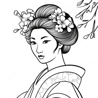 Pagina Da Colorare Di Una Geisha Elegante Con Fiori Di Ciliegio 60847-50463